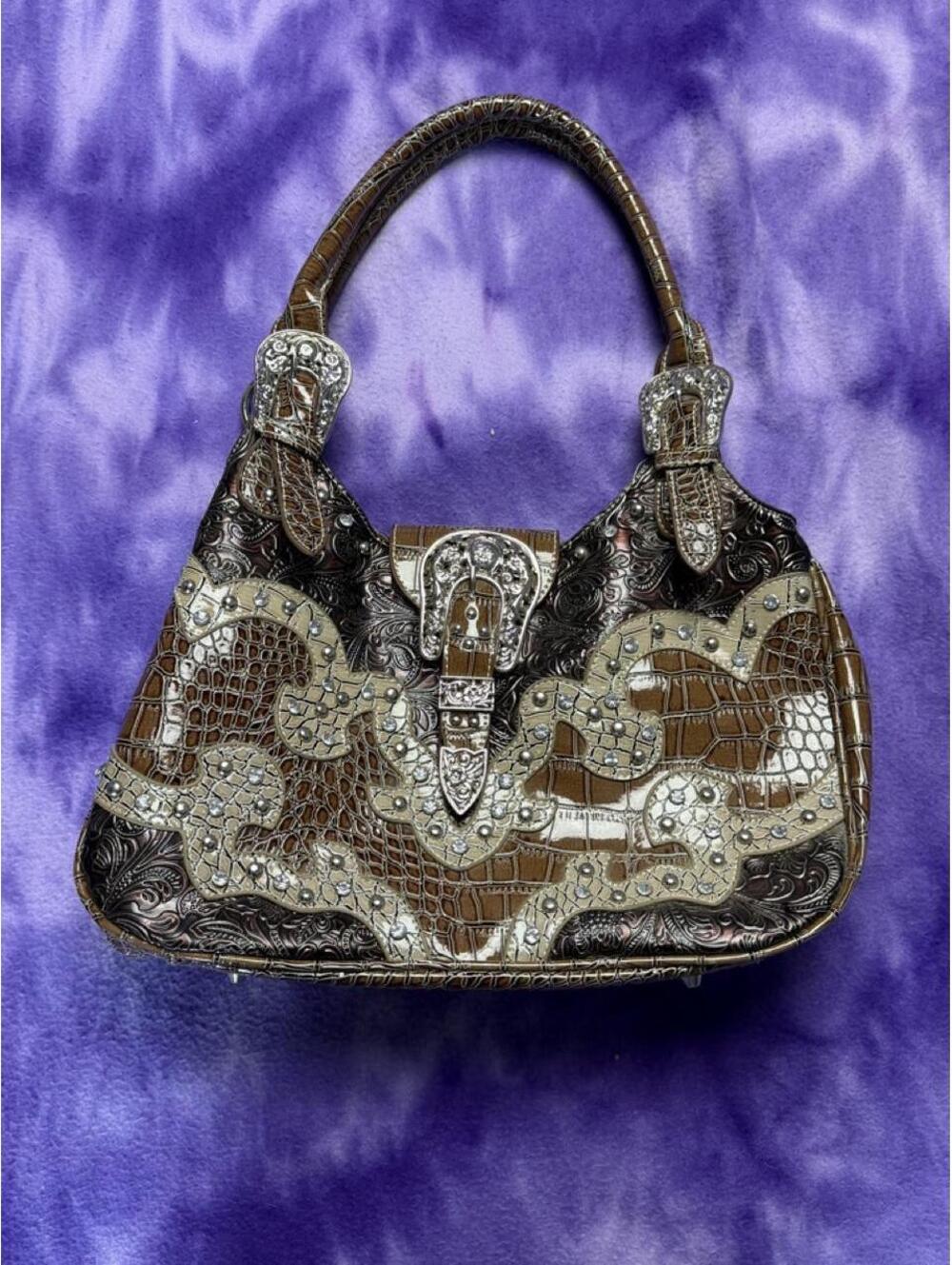 Western brown moc croc belted shoulder bag rhinestone cowgirl